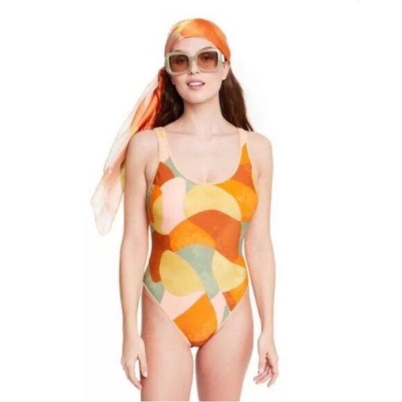 Fe Noel orange peach green multicolored one piece swimsuit - Picture 1 of 10